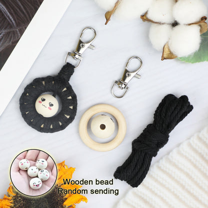 Macrame Kit: Wooden Bead Emoji Keychain Weaving Craft Material Pack. With Tutorial, Polyester Cord, Silver Lobster Clasp, 40mm Wooden Ring, Phone Clip. Beginner DIY (Keychain/Small Ornament)
