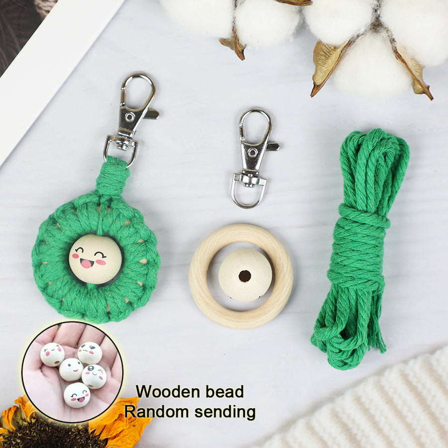 Macrame Kit: Wooden Bead Emoji Keychain Weaving Craft Material Pack. With Tutorial, Polyester Cord, Silver Lobster Clasp, 40mm Wooden Ring, Phone Clip. Beginner DIY (Keychain/Small Ornament)