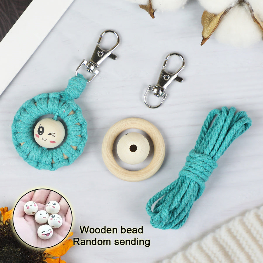 Macrame Kit: Wooden Bead Emoji Keychain Weaving Craft Material Pack. With Tutorial, Polyester Cord, Silver Lobster Clasp, 40mm Wooden Ring, Phone Clip. Beginner DIY (Keychain/Small Ornament)