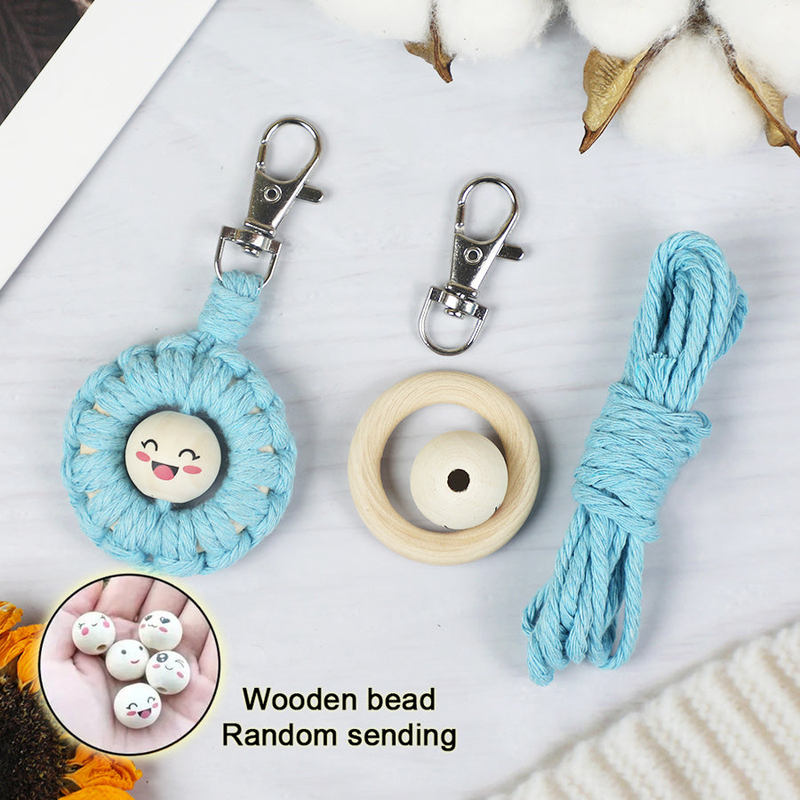 Macrame Kit: Wooden Bead Emoji Keychain Weaving Craft Material Pack. With Tutorial, Polyester Cord, Silver Lobster Clasp, 40mm Wooden Ring, Phone Clip. Beginner DIY (Keychain/Small Ornament)