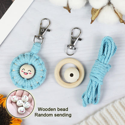Macrame Kit: Wooden Bead Emoji Keychain Weaving Craft Material Pack. With Tutorial, Polyester Cord, Silver Lobster Clasp, 40mm Wooden Ring, Phone Clip. Beginner DIY (Keychain/Small Ornament)