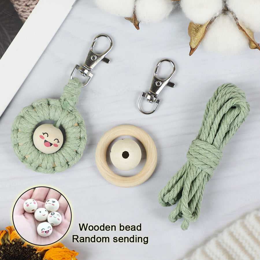 Macrame Kit: Wooden Bead Emoji Keychain Weaving Craft Material Pack. With Tutorial, Polyester Cord, Silver Lobster Clasp, 40mm Wooden Ring, Phone Clip. Beginner DIY (Keychain/Small Ornament)