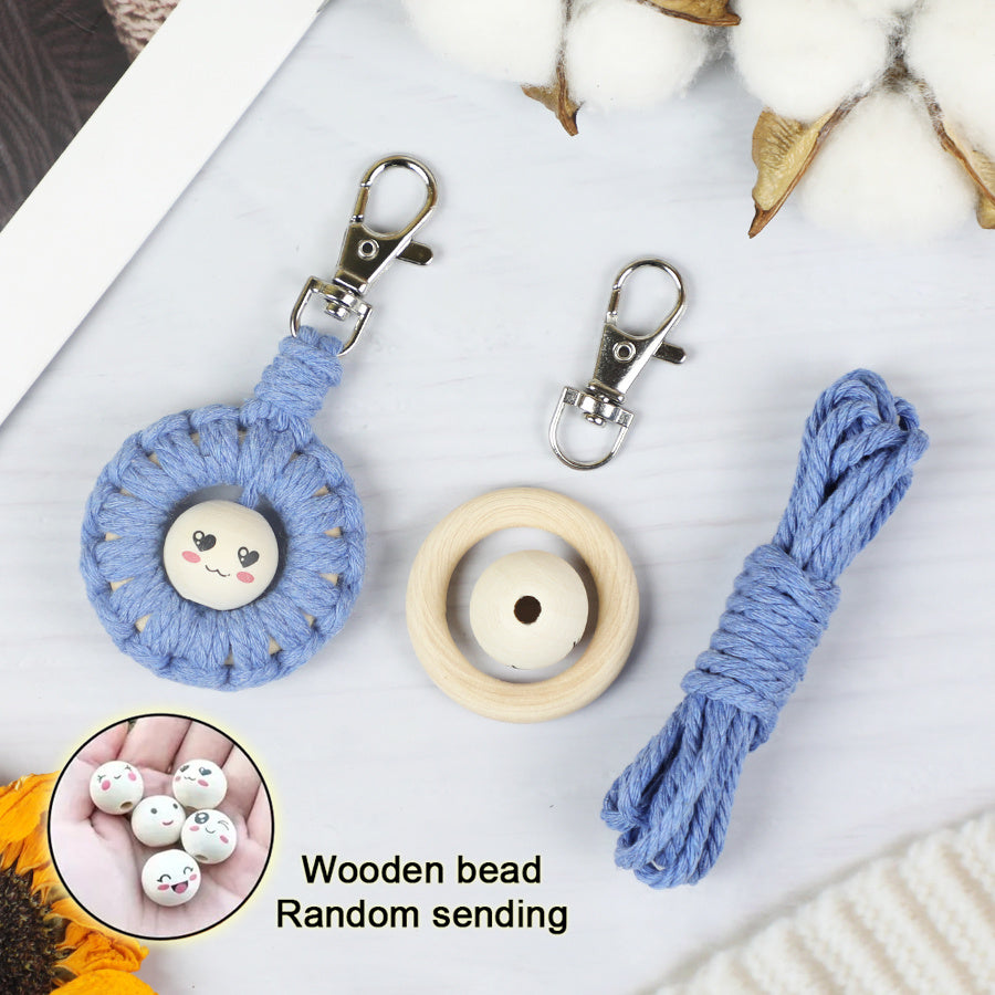 Macrame Kit: Wooden Bead Emoji Keychain Weaving Craft Material Pack. With Tutorial, Polyester Cord, Silver Lobster Clasp, 40mm Wooden Ring, Phone Clip. Beginner DIY (Keychain/Small Ornament)