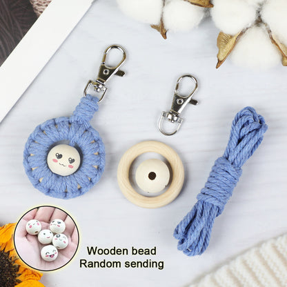 Macrame Kit: Wooden Bead Emoji Keychain Weaving Craft Material Pack. With Tutorial, Polyester Cord, Silver Lobster Clasp, 40mm Wooden Ring, Phone Clip. Beginner DIY (Keychain/Small Ornament)