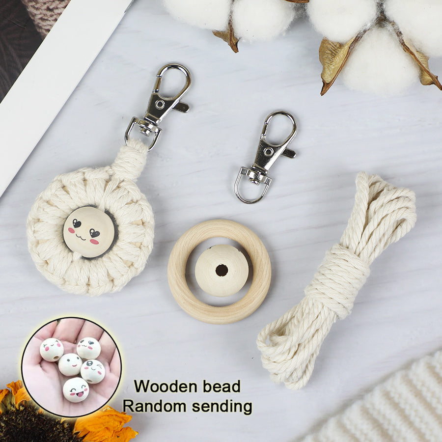 Macrame Kit: Wooden Bead Emoji Keychain Weaving Craft Material Pack. With Tutorial, Polyester Cord, Silver Lobster Clasp, 40mm Wooden Ring, Phone Clip. Beginner DIY (Keychain/Small Ornament)