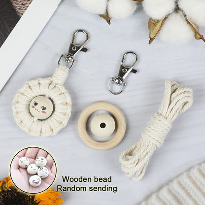 Macrame Kit: Wooden Bead Emoji Keychain Weaving Craft Material Pack. With Tutorial, Polyester Cord, Silver Lobster Clasp, 40mm Wooden Ring, Phone Clip. Beginner DIY (Keychain/Small Ornament)