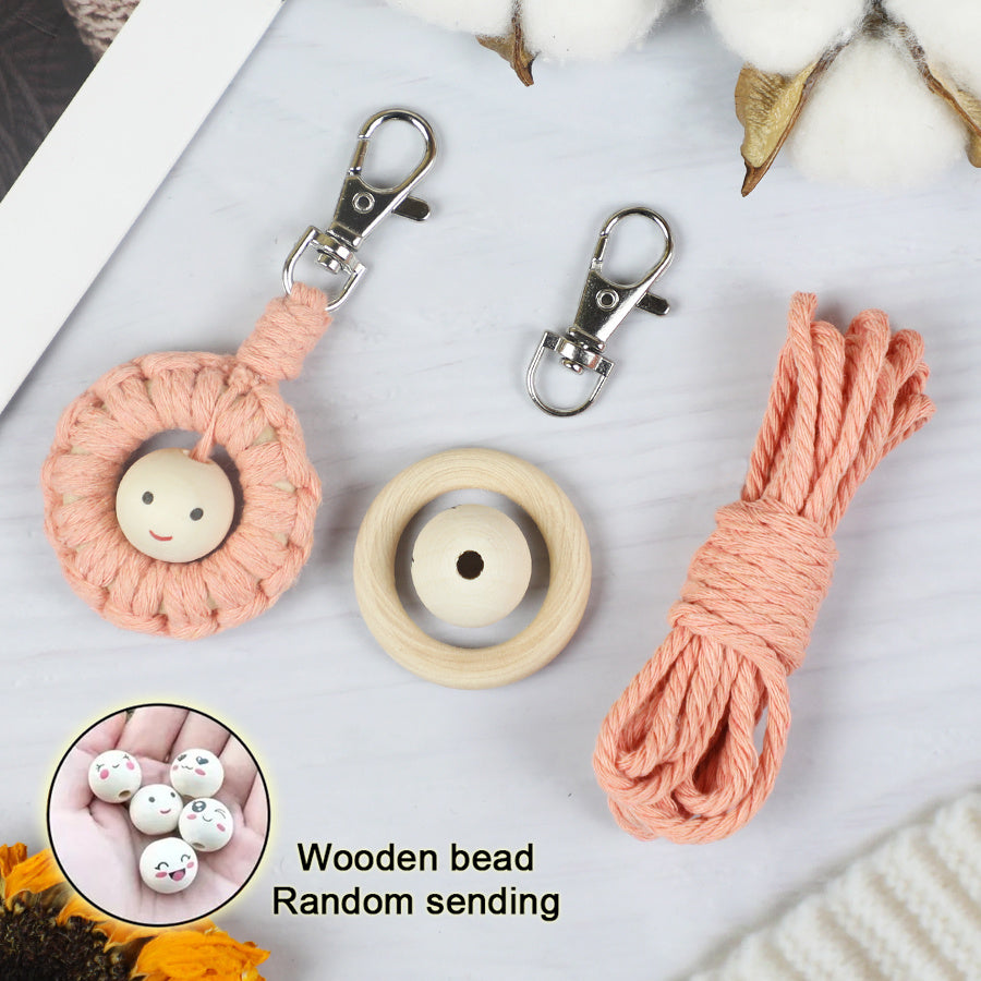 Macrame Kit: Wooden Bead Emoji Keychain Weaving Craft Material Pack. With Tutorial, Polyester Cord, Silver Lobster Clasp, 40mm Wooden Ring, Phone Clip. Beginner DIY (Keychain/Small Ornament)