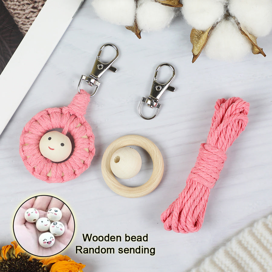 Macrame Kit: Wooden Bead Emoji Keychain Weaving Craft Material Pack. With Tutorial, Polyester Cord, Silver Lobster Clasp, 40mm Wooden Ring, Phone Clip. Beginner DIY (Keychain/Small Ornament)