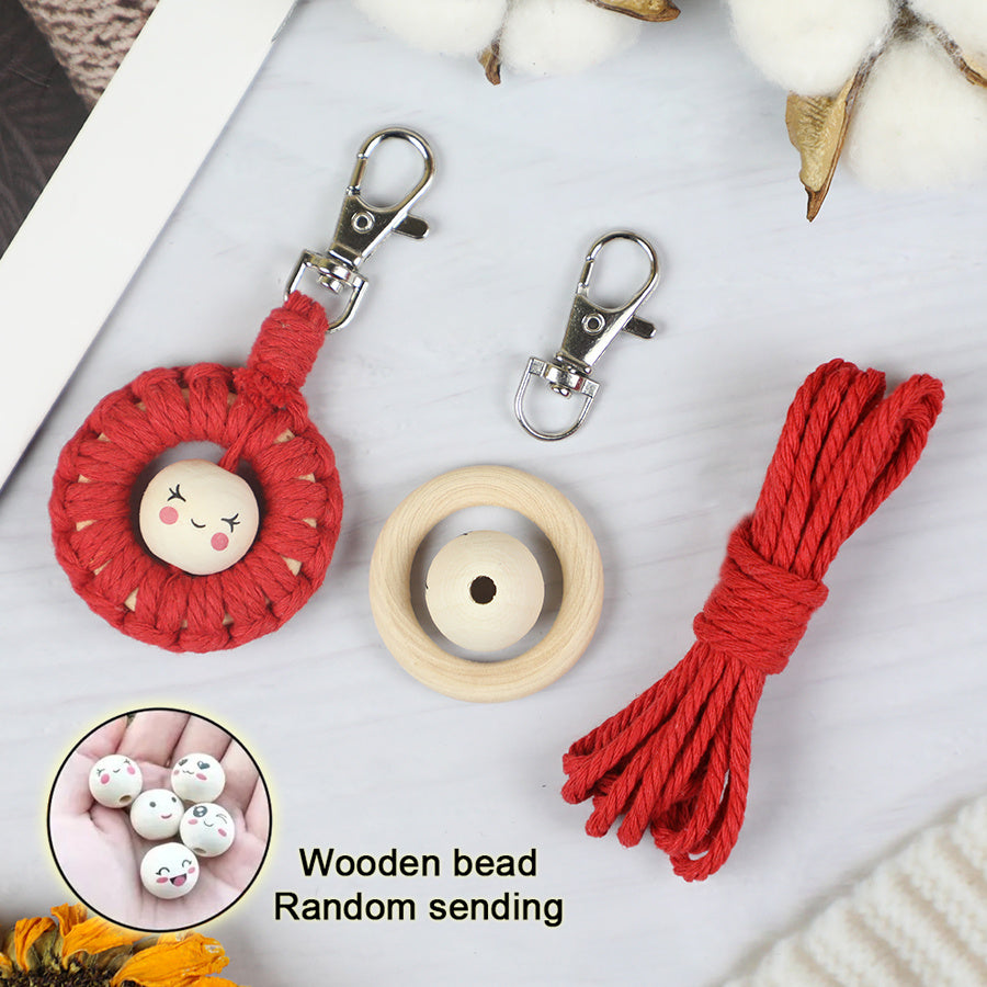 Macrame Kit: Wooden Bead Emoji Keychain Weaving Craft Material Pack. With Tutorial, Polyester Cord, Silver Lobster Clasp, 40mm Wooden Ring, Phone Clip. Beginner DIY (Keychain/Small Ornament)