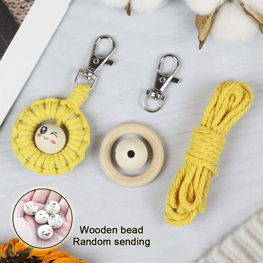 Macrame Kit: Wooden Bead Emoji Keychain Weaving Craft Material Pack. With Tutorial, Polyester Cord, Silver Lobster Clasp, 40mm Wooden Ring, Phone Clip. Beginner DIY (Keychain/Small Ornament)