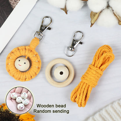 Macrame Kit: Wooden Bead Emoji Keychain Weaving Craft Material Pack. With Tutorial, Polyester Cord, Silver Lobster Clasp, 40mm Wooden Ring, Phone Clip. Beginner DIY (Keychain/Small Ornament)
