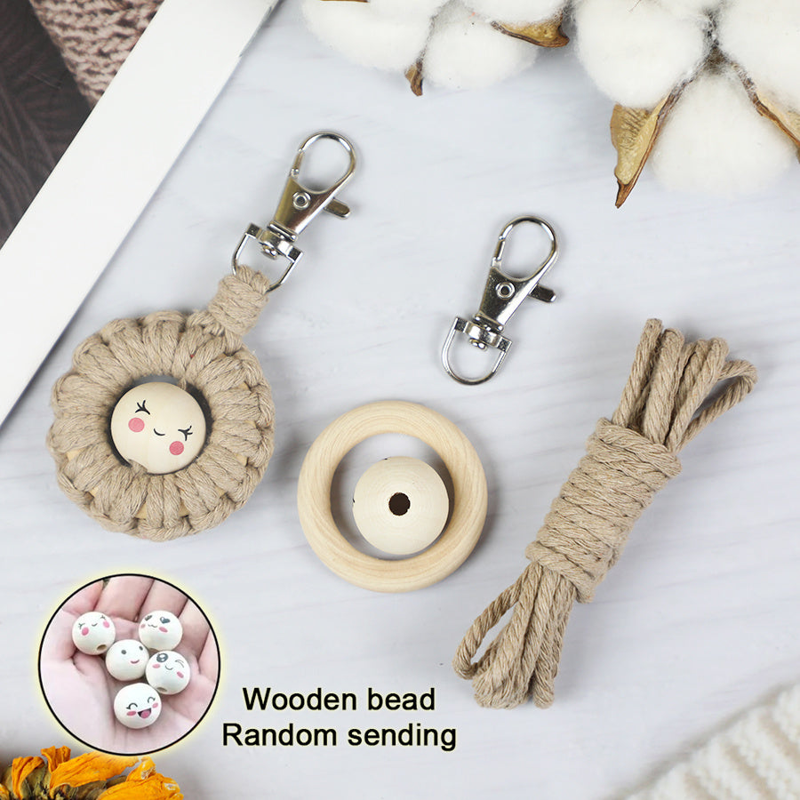 Macrame Kit: Wooden Bead Emoji Keychain Weaving Craft Material Pack. With Tutorial, Polyester Cord, Silver Lobster Clasp, 40mm Wooden Ring, Phone Clip. Beginner DIY (Keychain/Small Ornament)