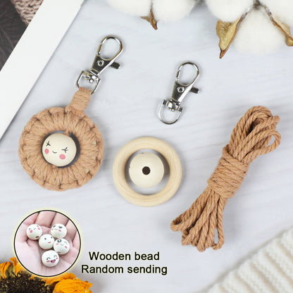 Macrame Kit: Wooden Bead Emoji Keychain Weaving Craft Material Pack. With Tutorial, Polyester Cord, Silver Lobster Clasp, 40mm Wooden Ring, Phone Clip. Beginner DIY (Keychain/Small Ornament)