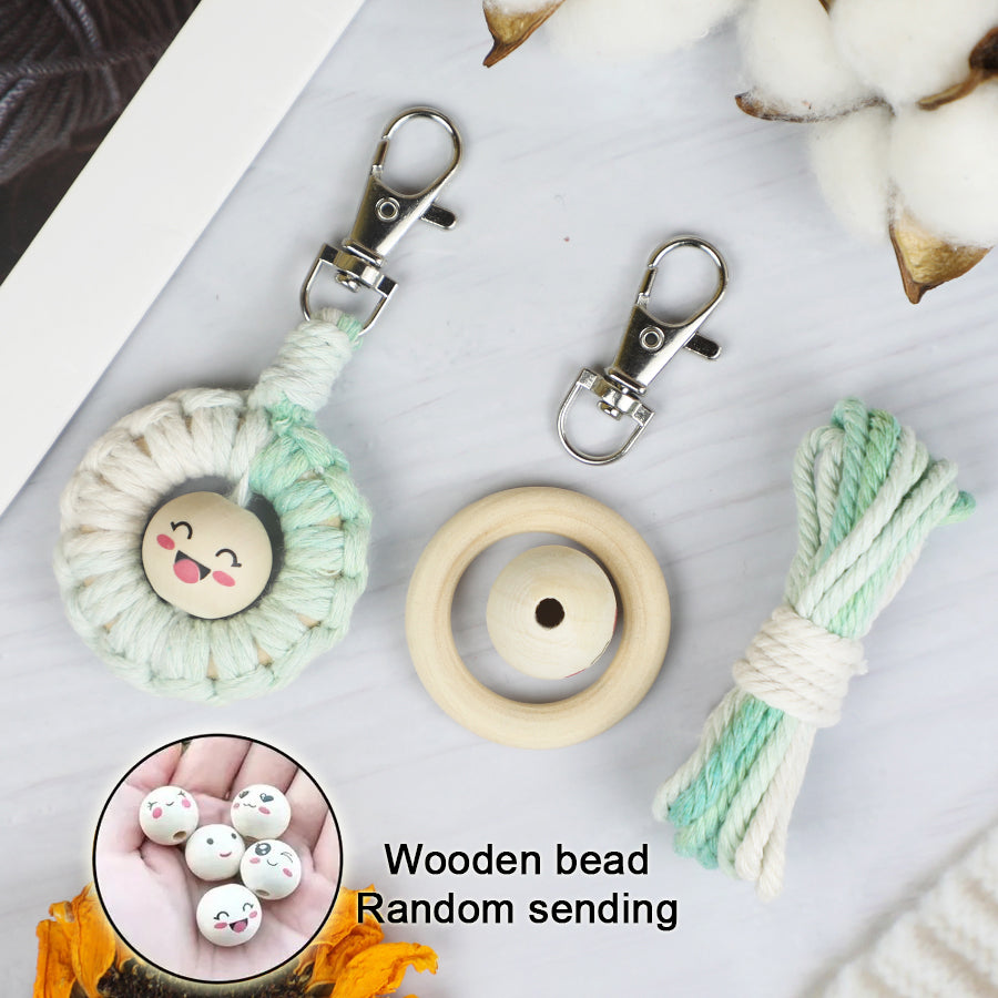 Macrame Kit: Wooden Bead Emoji Keychain Weaving Craft Material Pack. With Tutorial, Polyester Cord, Silver Lobster Clasp, 40mm Wooden Ring, Phone Clip. Beginner DIY (Keychain/Small Ornament)