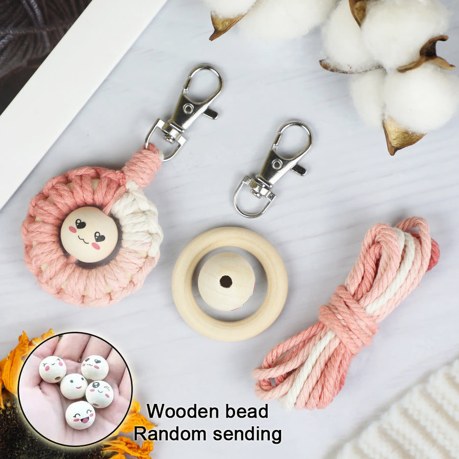 Macrame Kit: Wooden Bead Emoji Keychain Weaving Craft Material Pack. With Tutorial, Polyester Cord, Silver Lobster Clasp, 40mm Wooden Ring, Phone Clip. Beginner DIY (Keychain/Small Ornament)
