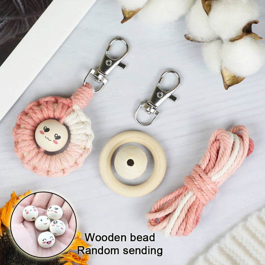 Macrame Kit: Wooden Bead Emoji Keychain Weaving Craft Material Pack. With Tutorial, Polyester Cord, Silver Lobster Clasp, 40mm Wooden Ring, Phone Clip. Beginner DIY (Keychain/Small Ornament)