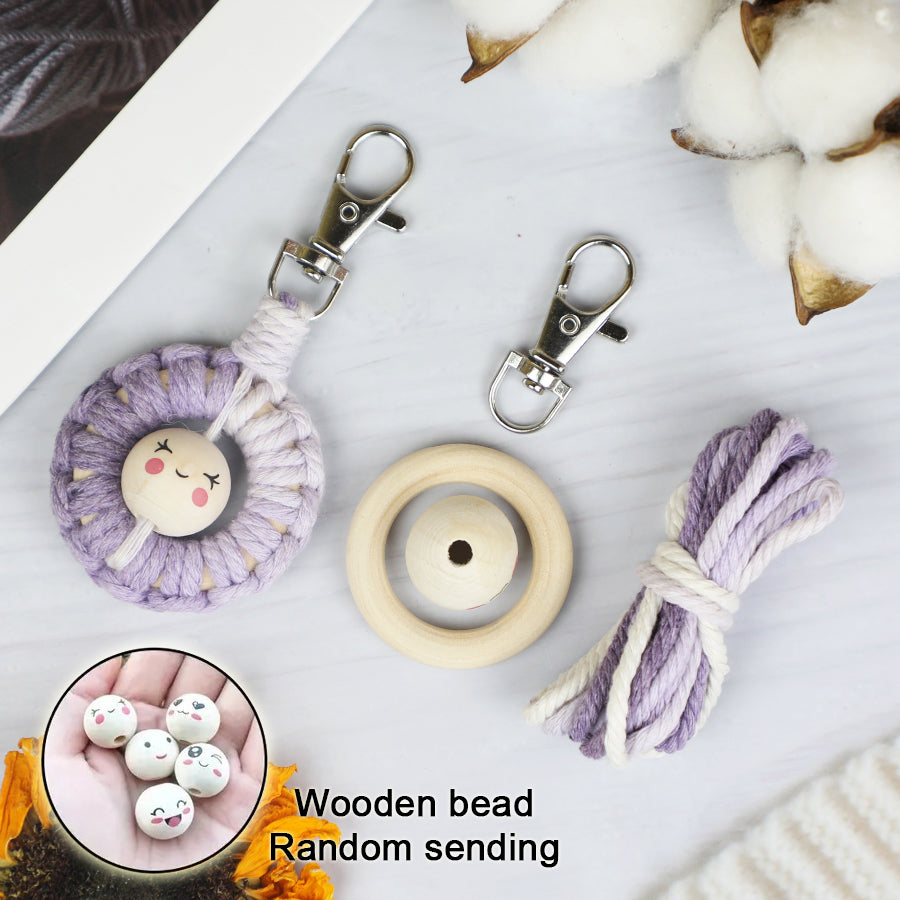 Macrame Kit: Wooden Bead Emoji Keychain Weaving Craft Material Pack. With Tutorial, Polyester Cord, Silver Lobster Clasp, 40mm Wooden Ring, Phone Clip. Beginner DIY (Keychain/Small Ornament)