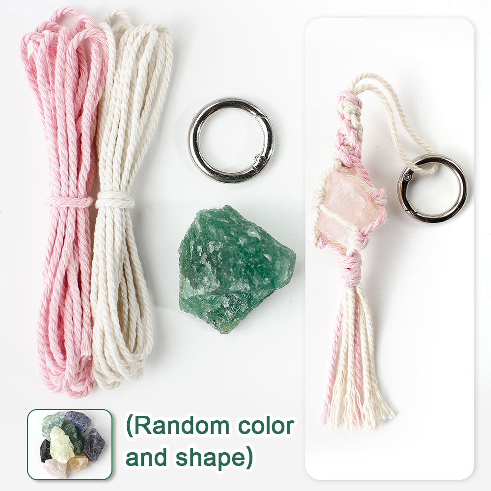 1 Set Handmade Crystal Chip Keychain DIY Macraem Kit, Polyester Fiber Creative Craft Materials for Beginners