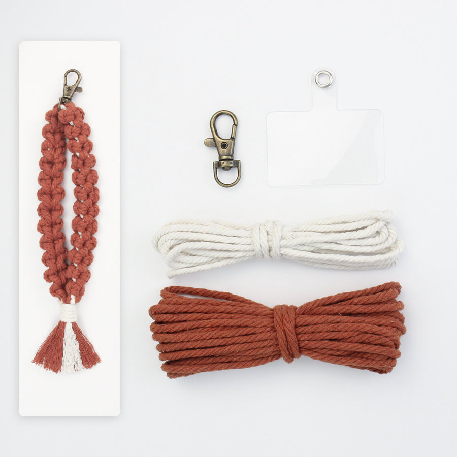 Solid color flower keychain weaving craft material package Macrame Kit, high-quality polyester rope (5 meters each for 2 colors), with tutorial, antique bronze lobster clasp + mobile phone clip, flower overlapping weaving + tassel, beginner-friendly