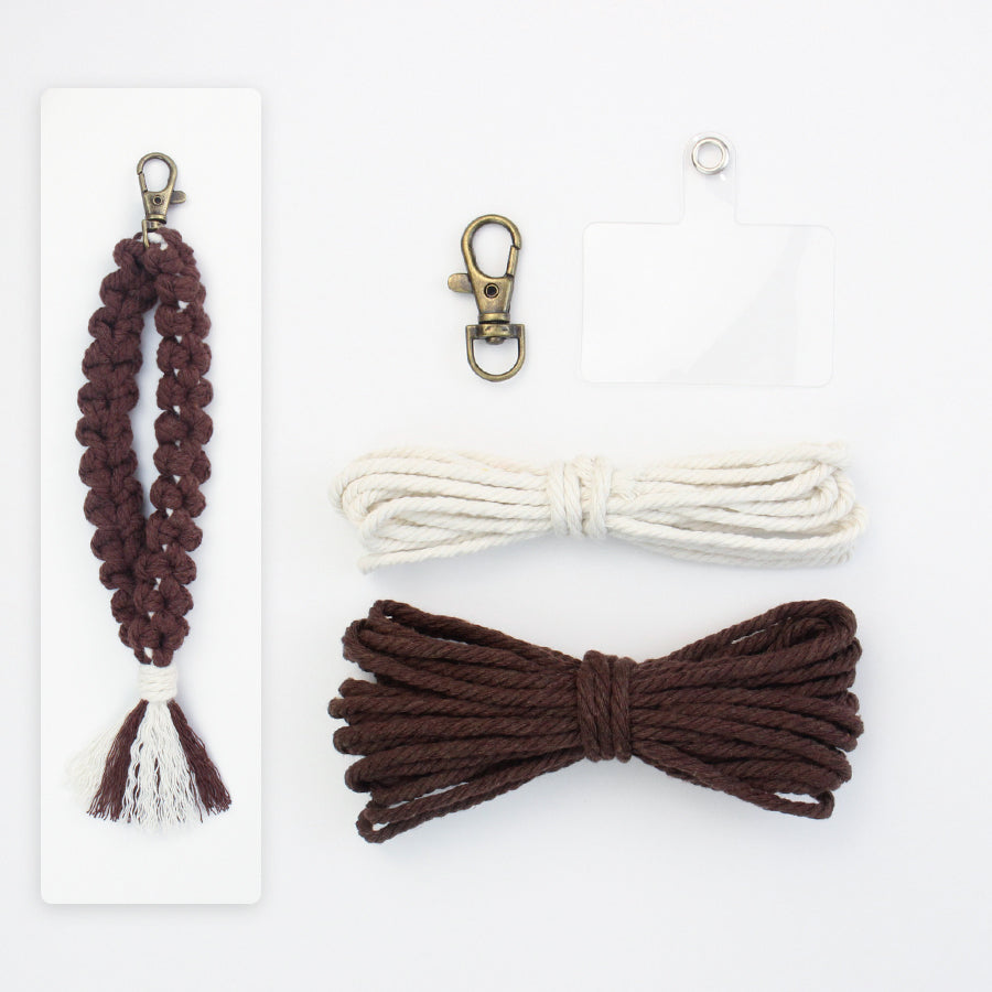 Solid color flower keychain weaving craft material package Macrame Kit, high-quality polyester rope (5 meters each for 2 colors), with tutorial, antique bronze lobster clasp + mobile phone clip, flower overlapping weaving + tassel, beginner-friendly