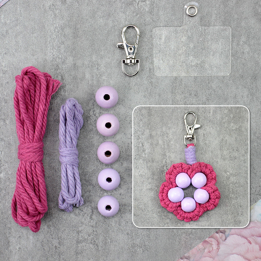 Wood Bead Flower Keychain Weaving Kit Macrame Kit | Multi-Colors | Cute Vitality | Bag Charm/Keychain | Beginner DIY Set