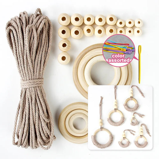 Macrame Kit for Beginners, Boho 6‑Pcs Ring Ornaments DIY Kit, Vintage Home & Bag Decor