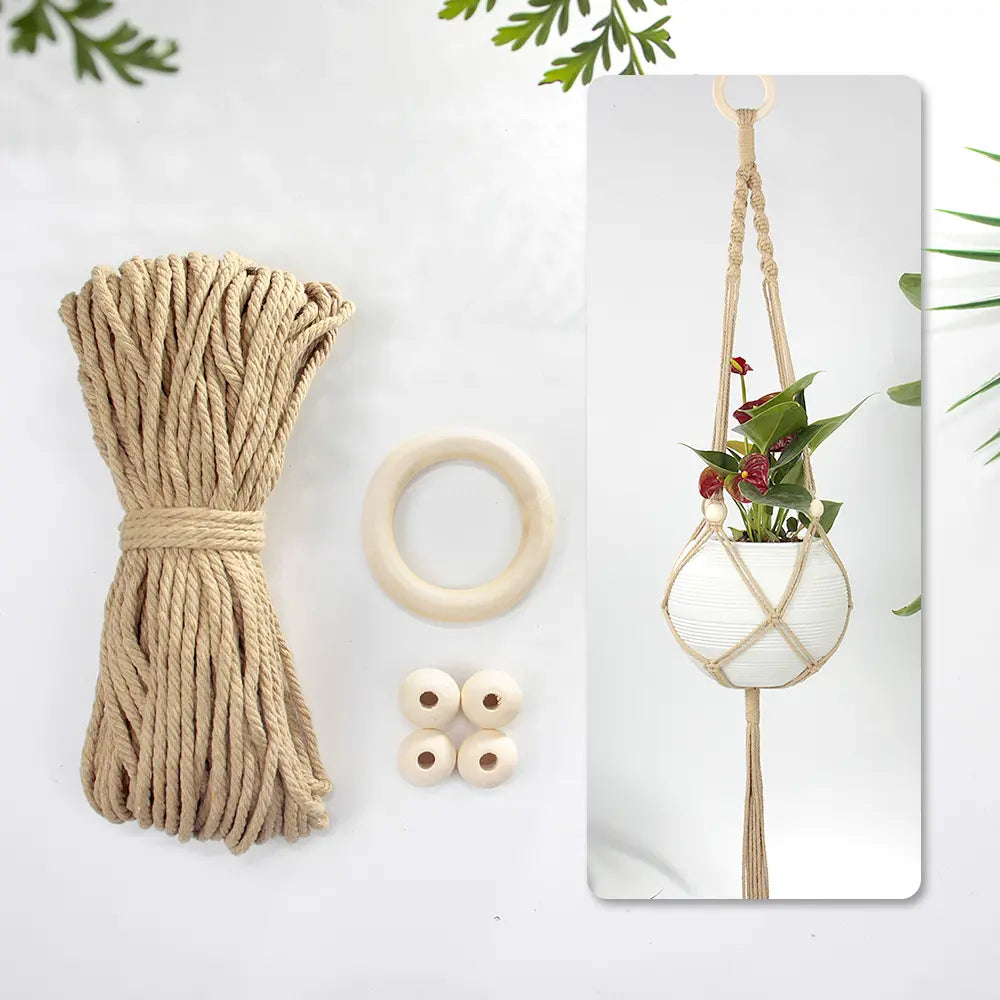 Macrame Kit for Beginners, Boho Wooden Bead Plant Hanger DIY Kit, Home Decor Gift