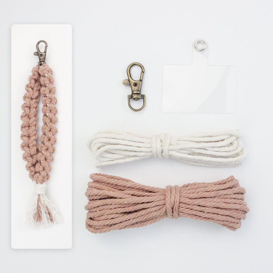 Solid color flower keychain weaving craft material package Macrame Kit, high-quality polyester rope (5 meters each for 2 colors), with tutorial, antique bronze lobster clasp + mobile phone clip, flower overlapping weaving + tassel, beginner-friendly
