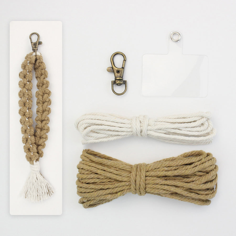 Solid color flower keychain weaving craft material package Macrame Kit, high-quality polyester rope (5 meters each for 2 colors), with tutorial, antique bronze lobster clasp + mobile phone clip, flower overlapping weaving + tassel, beginner-friendly