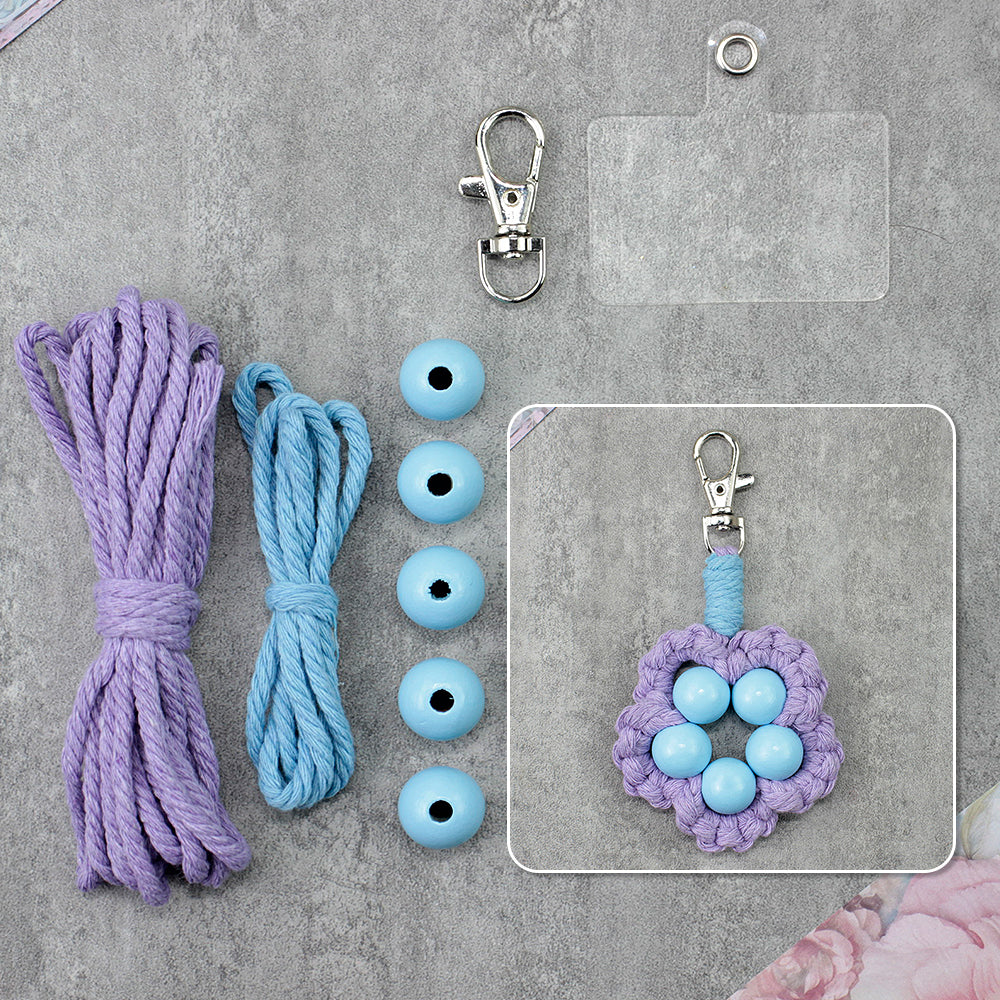 Wood Bead Flower Keychain Weaving Kit Macrame Kit | Multi-Colors | Cute Vitality | Bag Charm/Keychain | Beginner DIY Set