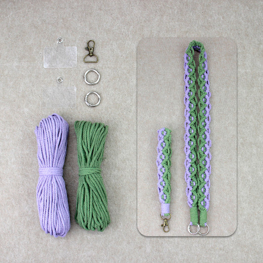 Macrame Kit Diagonal Curl Knot Keychain Combo Kit | Phone Wristband/Lanyard | Anti-Lost String | Beginner Weaving Lanyard