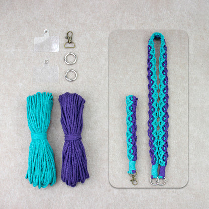 Macrame Kit Diagonal Curl Knot Keychain Combo Kit | Phone Wristband/Lanyard | Anti-Lost String | Beginner Weaving Lanyard