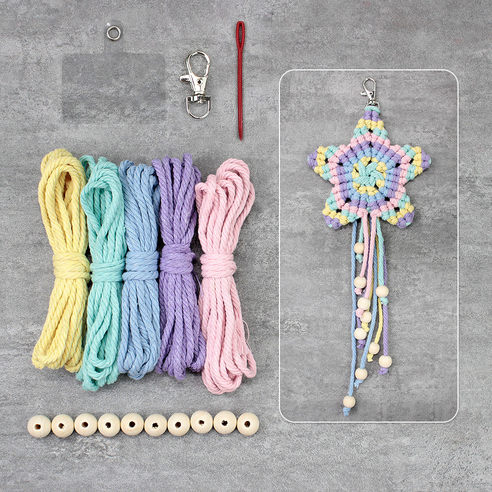 Macrame Kit 5-Pointed Star Keychain Weaving Kit | Multi-Colors |  Fringe + Wood Bead Decor | Wristband/Anti-Lost Strap | Beginner-Friendly