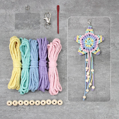 Macrame Kit 5-Pointed Star Keychain Weaving Kit | Multi-Colors |  Fringe + Wood Bead Decor | Wristband/Anti-Lost Strap | Beginner-Friendly