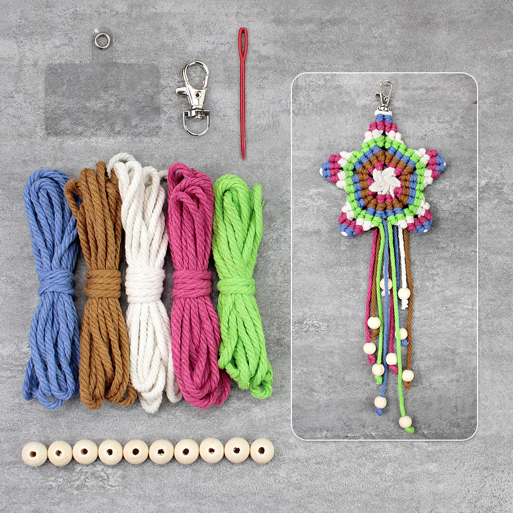 Macrame Kit 5-Pointed Star Keychain Weaving Kit | Multi-Colors |  Fringe + Wood Bead Decor | Wristband/Anti-Lost Strap | Beginner-Friendly