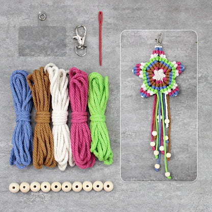 Macrame Kit 5-Pointed Star Keychain Weaving Kit | Multi-Colors |  Fringe + Wood Bead Decor | Wristband/Anti-Lost Strap | Beginner-Friendly