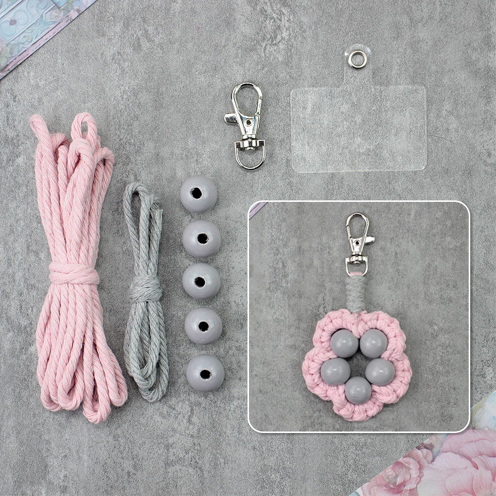 Wood Bead Flower Keychain Weaving Kit Macrame Kit | Multi-Colors | Cute Vitality | Bag Charm/Keychain | Beginner DIY Set