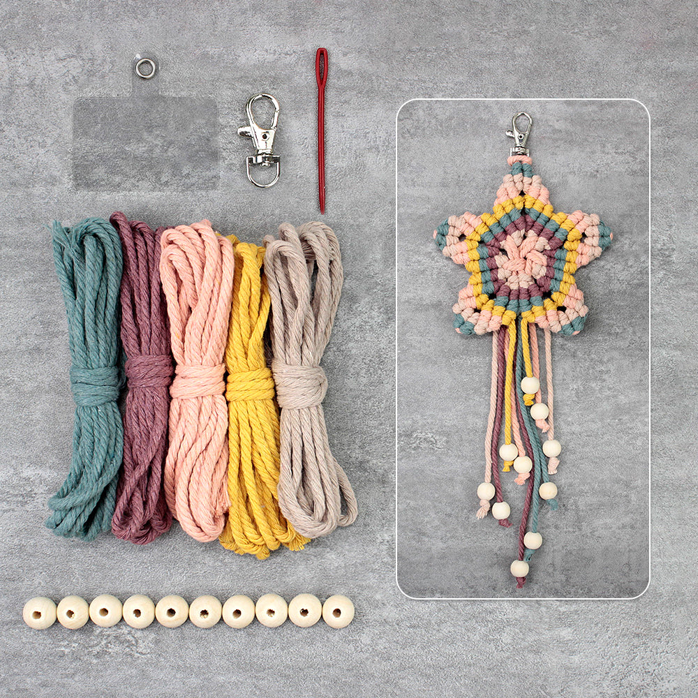 Macrame Kit 5-Pointed Star Keychain Weaving Kit | Multi-Colors |  Fringe + Wood Bead Decor | Wristband/Anti-Lost Strap | Beginner-Friendly