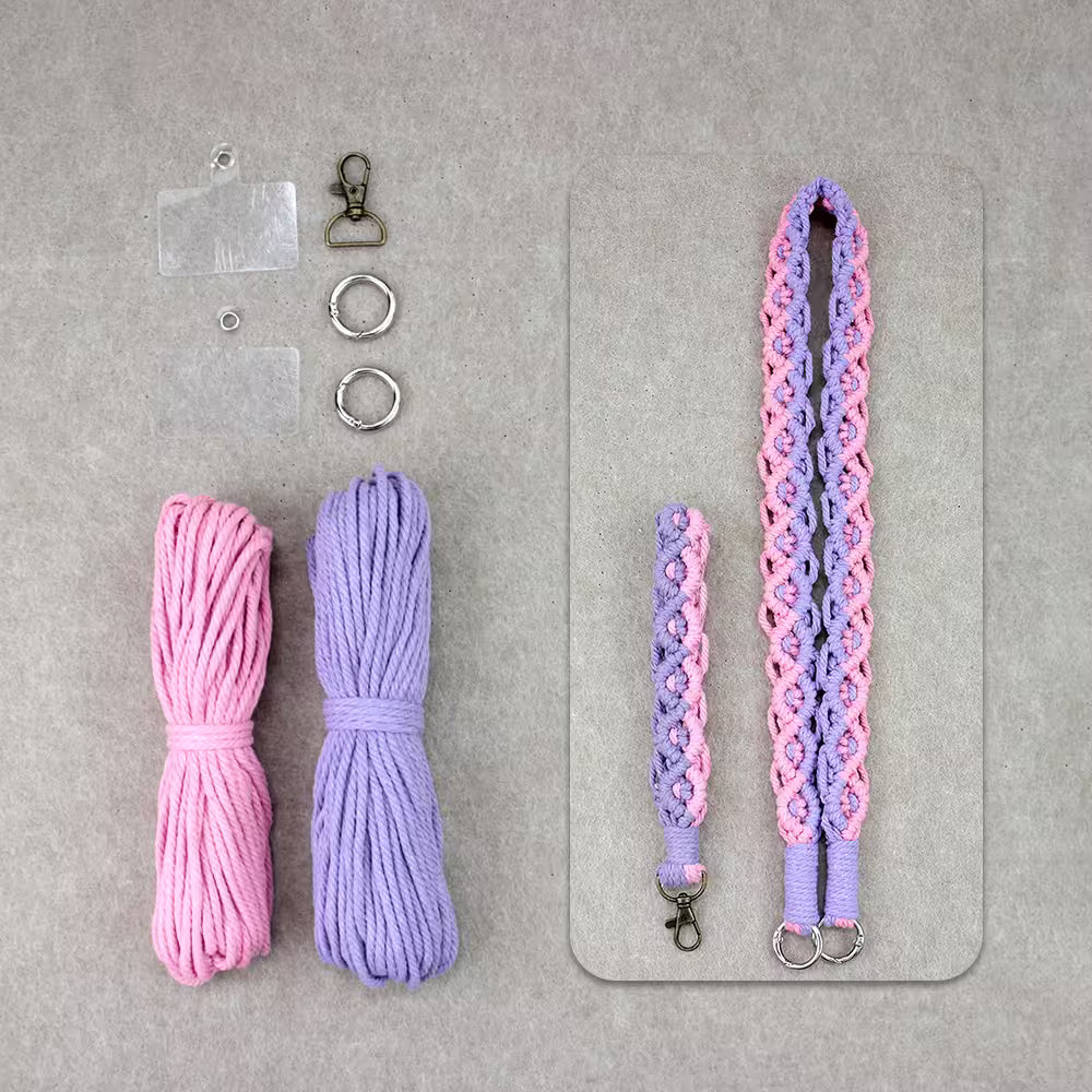 Macrame Kit for Beginners, Boho 2Pcs Square Knot Keychain & Lanyard DIY Kit