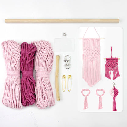 Macrame Kit Heart Series 4-Piece Combo Kit | Tassel Heart Tapestry/Keychain/Napkin Ring | Bohemian Style | Beginner Weaving