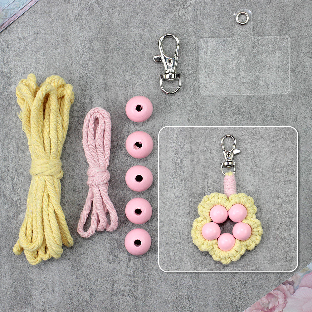 Wood Bead Flower Keychain Weaving Kit Macrame Kit | Multi-Colors | Cute Vitality | Bag Charm/Keychain | Beginner DIY Set