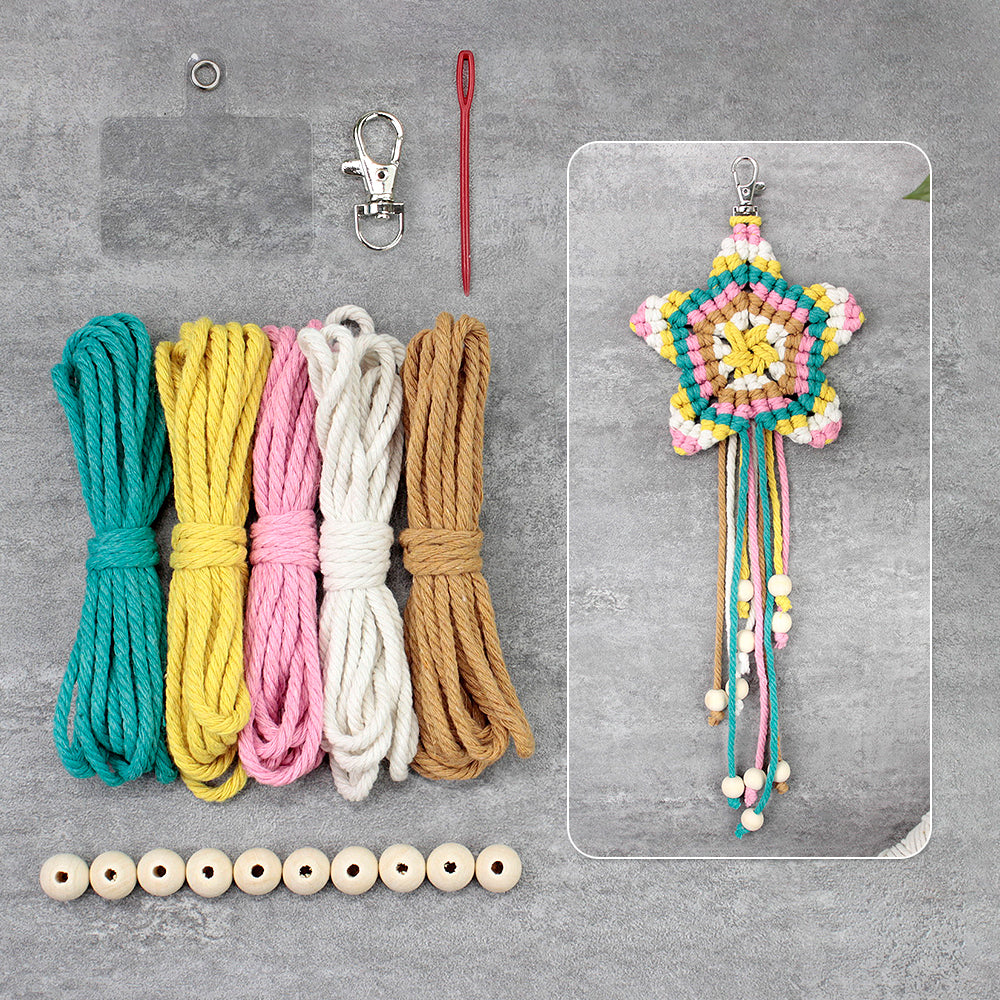 Macrame Kit 5-Pointed Star Keychain Weaving Kit | Multi-Colors |  Fringe + Wood Bead Decor | Wristband/Anti-Lost Strap | Beginner-Friendly